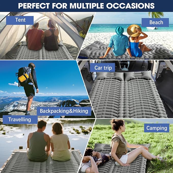 Double Sleeping Pad for Camping - Ultralight Air Mattress with Pillows, Built-in Foot Pump, Compact Inflatable 2-Person Portable Mat for Backpacking, Hiking, Tent, Car Travel, Beach,Road Trip
