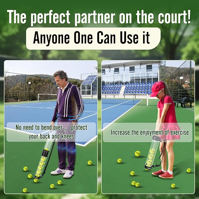 Hikeen Durable Tennis Ball Pick up Tube with 6/12 Tennis Balls,Quick Pickup & Storage Tennis Ball Tube with Shoulder Strap for Tennis Accessories - Includes 6/12 Balls