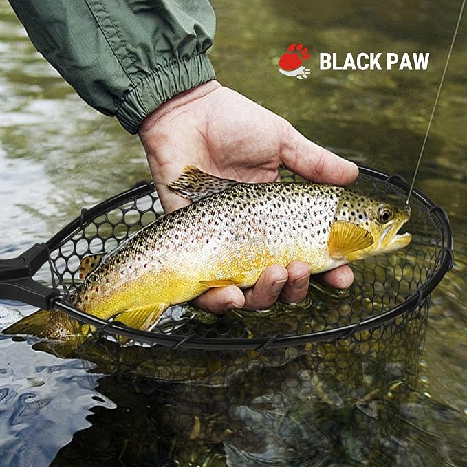 Black Paw Fish Landing Net with Soft Rubber Mesh Bag, Large Fishing Net with Built in Length Scale, Extend to 36-55 Inches
