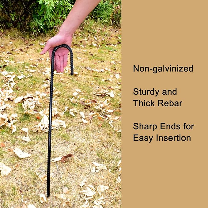 AAGUT Rebar Stakes 36 Inch J Hook Heavy Duty 20 Pack, 1/2 Inch Extra Long Tent Stakes with Chisel Point End, Black Coated Metal Ground Anchors for Garden, Chain Link Fence, Greenhouse, Sculpture