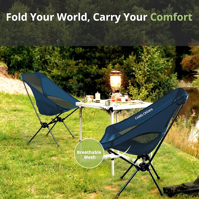 CAMEL CROWN Portable Camping Chair Lightweight Compact Folding Chair Mesh for Outdoor Camp Travel Beach Picnic Festival Hiking Backpacking Navy Blue 2 Pack