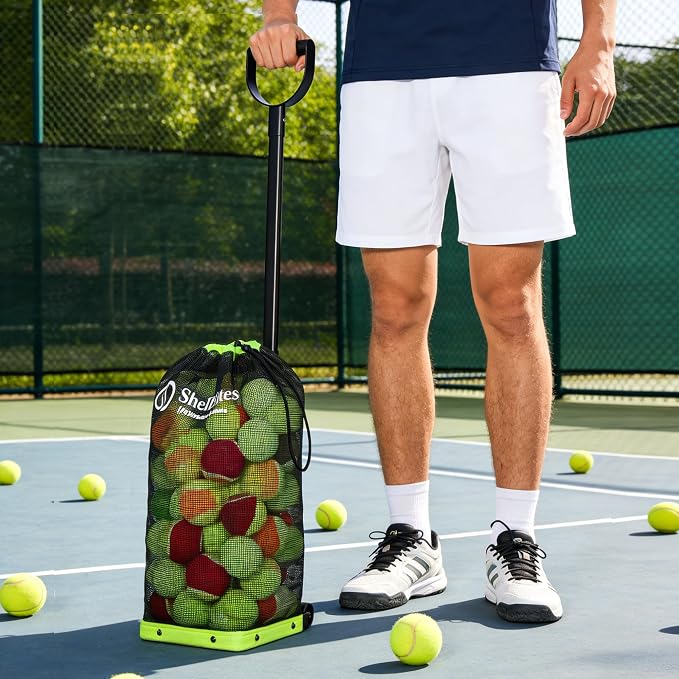 Tennis Ball Hopper with Telescopic Handle - Holds 50+ Tennis Balls or 40+ Pickleballs, Portable Tennis Ball Picker with Quiet Wheels,Built for Hard Courts & Daily Practice
