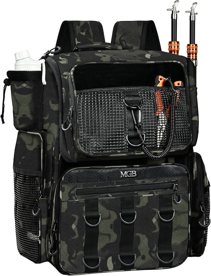 MGB Fishing Tackle Backpack with Rod Holders & YKK Zipper, 46L Fishing Bag with Bottle Holder, Storage Bag Store Fishing Gear