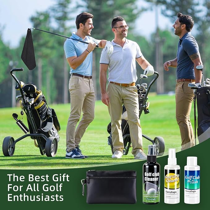 Golf Club Cleaning Kit with Club Cleaner, Grip Cleaner, Polish, Brush, Magnetic Golf Towel & Leather Bag | Restores Clubs, Removes Rust & Scratches, Renews Grip Tackiness, Premium Gifts for Golfers
