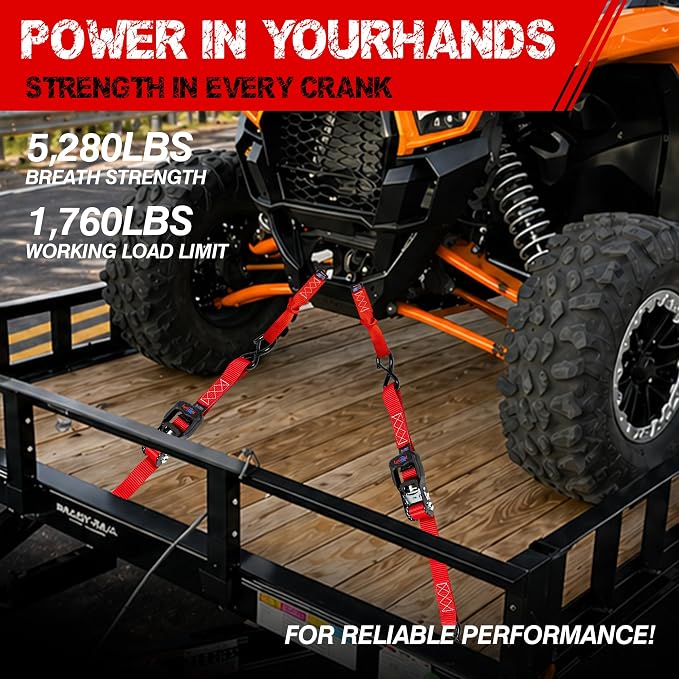 Ratchet Tie Down Straps, 5280lbs Break Strength, 1.6" x 16' Heavy Duty Ratchet Tie Down Strap Set with Padded Handles, Coated S Hook, Soft Loop for Trucks, ATV, UTV, Motorcycle, Cargo & More -Red