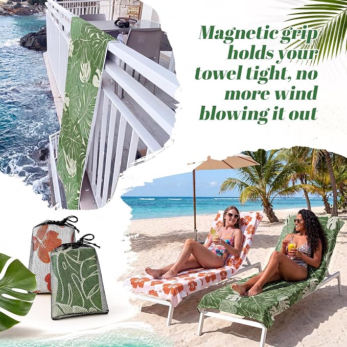 2 Pack Magnetic Beach Towels 74.8"x30" Microfiber Magnetic Towel Quick Dry Travel Towel Tropical Hibiscus Monstera Large Sand Free Towels for Beach, Swim Pool, Camping, Gym, Sports Yoga
