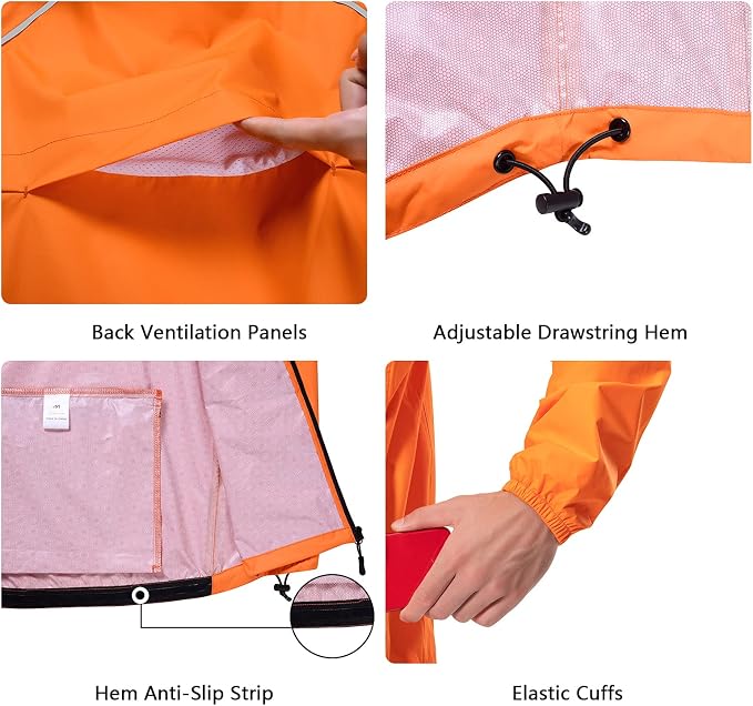 Hugut Men's Cycling Running Rain Jacket Lightweight Waterproof Biking Hiking Windbreaker Raincoat Reflective Packable