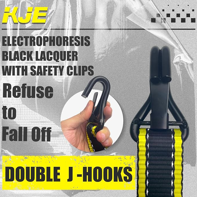 KJE Reflective Ratchet Straps, (4) 1.5" x 15' Tie Down Strap Sets + (4) Soft Loops, TPR Handles & Coated J Hook W/Safety Clip, 6,000lb Break Strength, Cargo Strap for Car, Motorcycle, ATV