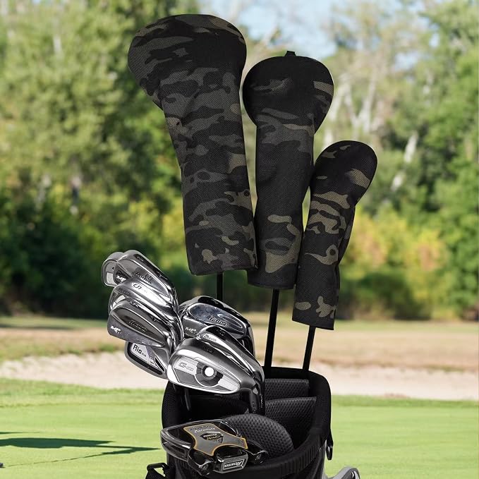 3 Pack Camouflage Golf Club Head Covers for Driver, Fairway Woods and Hybrid with Rotatable Number Tag