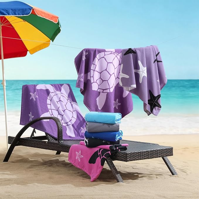 4 Pack Oversized Beach Towels 4 Pack,40”x70” Microfiber Thin Large Beach Towel Set for Adults Travel Camping Swimming,Turtle Starfish Them Sand Free Quick Dry Lightweight XL Pool Towels,Purple