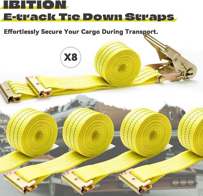 E Track Ratchet Straps Tie Down Strap (8-Pack), 2in×15ft Heavy Duty Tie Down Cargo Straps,4400 LBS Breaking Strength E Track Trailer Tire Straps for Tires Motorcycles Tailers Loads, Yellow.