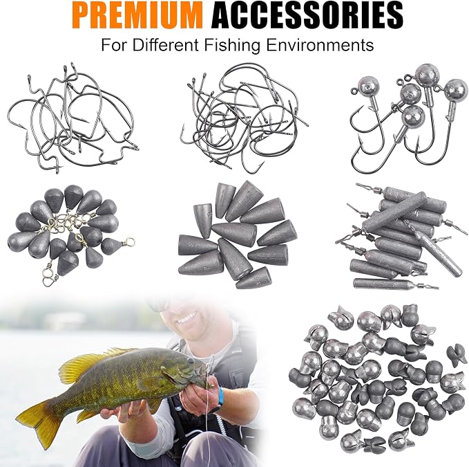 345pcs Fishing Accessories Kit, Fishing Tackle Box with Jig Head Hooks Worm Hooks Weights Sinkers Swivels Snaps Beads, Fishing Gear Set Equipment for Bass Trout Saltwater Freshwater Fishing