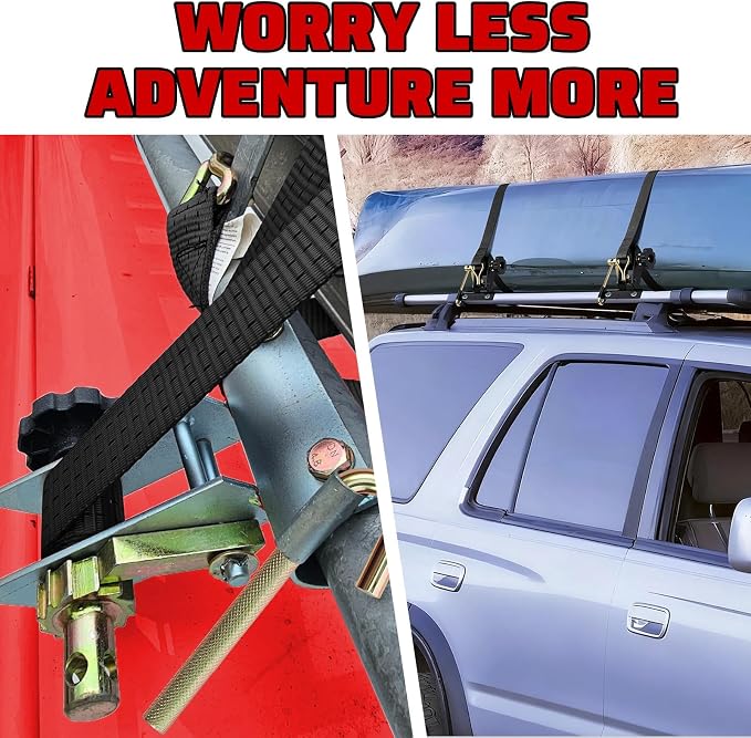 Black Rack Straps with J-Hook (2PK),1.5" x7.5' Ladder Rack Ratchet Straps, 2" Round Tube Mount, Perfect Ladder Rack Tie-Downs for Trailer Cargo Control