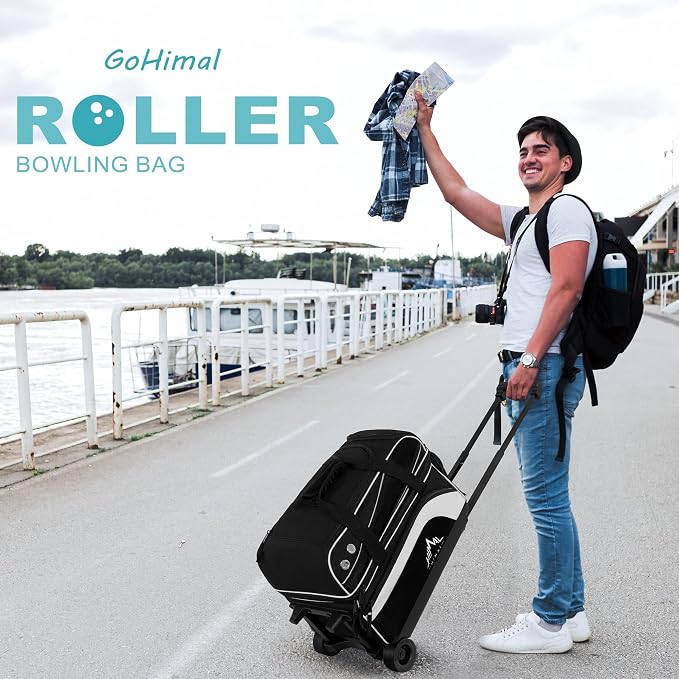 GoHimal Double Roller 2 Ball Bowling Bag with Separate Shoe Compartment for Bowling Shoes (Up To US Men Size 15) and Abundant multifunction Accessory Pocket, Upgraded fabric, Retractable Handle - Extends to 40"