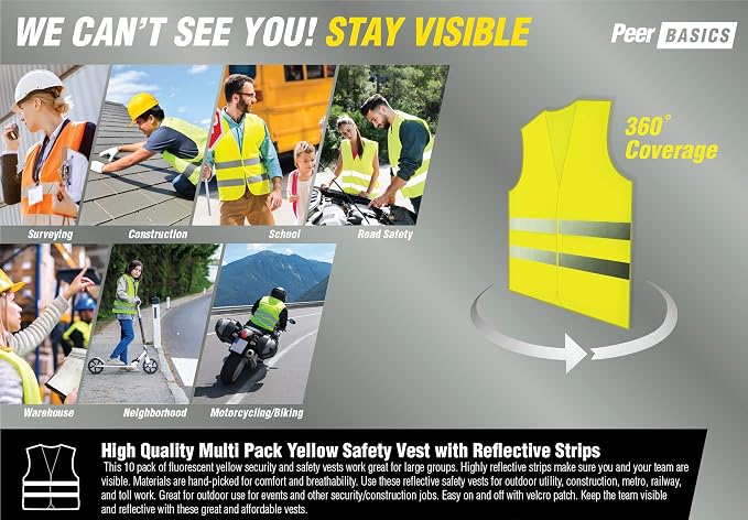 PeerBasics Safety Vests 12 Pack - Orange Reflective High Visibility, Hi Vis Silver Strip, Men Women, Work, Cycling, Runner, Surveyor, Volunteer, Crossing Guard, Road, Construction, Neon