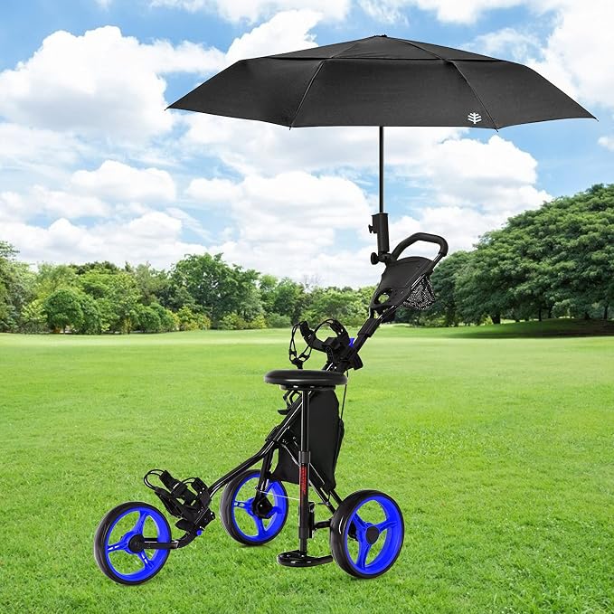 GYMAX Foldable 3-Wheel Height Adjustable Lightweight Golf Caddy Cart with Umbrella Holder, Hydraulic Seat, Storage Bag & Cup Holder