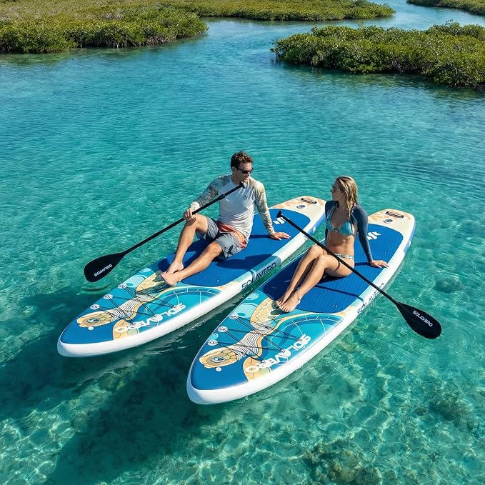 SOLAVERO Stand Up Paddle Board, 11‘ Inflatable SUP Supports 500LB - Wide Stable Board with Non-Slip EVA Deck for Adults & Youth of All Skill Levels