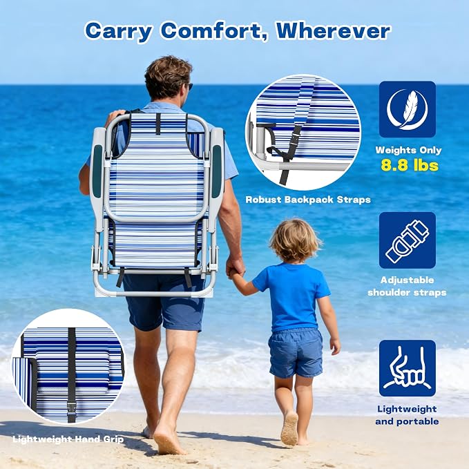 DIAMONDFORGE 2 Pack Lightweight Portable Beach Chair for Adults, 350 LBS Capacity Backpack Beach Chair, Reclining Beach Chair with 5-Position Lay Flat, Large Cup Holder for Beach Camping Sports, Blue