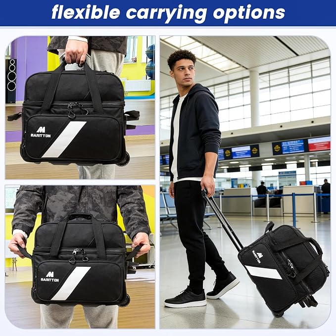 3 Ball Bowling Bags with Wheels, 2 Ball Bowling Bags Double roller with Single Ball Tote, Multi-Pockets & Shoe Compartment (Fits Up to Size 15).