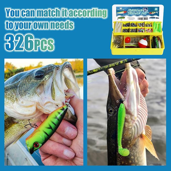 326 Pcs Fishing Tackle Box Kit – Complete Fishing Gear Set with Lures, Hooks & Spoons for Freshwater & Saltwater | Bass Fishing Kit | Fishing Gifts for Men | Fishing Equipment for Beginners