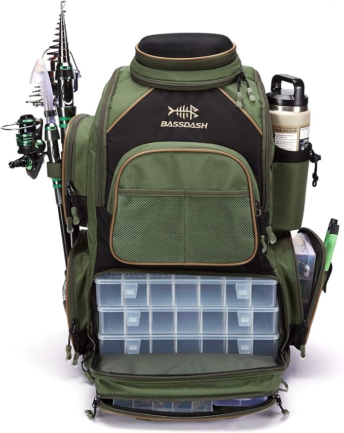 BASSDASH Fishing Tackle Backpack Water Resistant Tactical Bag Soft Tackle Box with Rod Holder and Protective Rain Cover