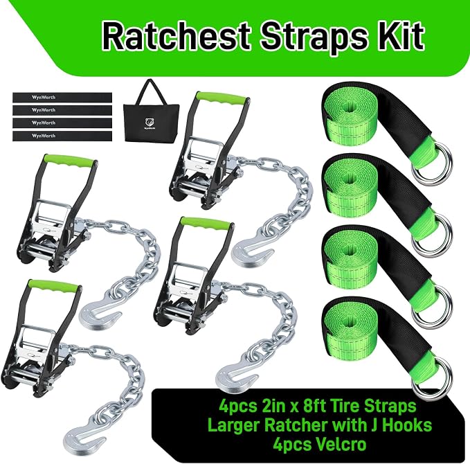 4 Pack Car Tie Down Straps for Trailers, Tire Ratchet Strap with Chain Anchors, 2" x8' 10,000lbs Break Strength -T-Handle Car Hauler Tire Lasso Wheel Straps for Hauling UTV, Truck, SUV