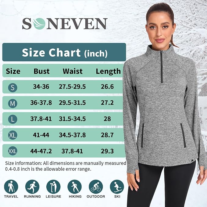 Soneven Women's Thermal Fleece Running Shirts Warm Winter Pullover Cold Weather Workout Hiking Tops with Thumb Holes Pockets