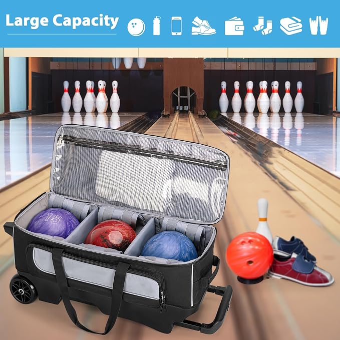 GOBUROS 3 Ball Roller Bowling Bag with Multi Accessory Pockets and Shoes Compartment, Fits 2 Pairs of Size 16 Shoes, 3 Ball Bowling Bags with Large Wheels and Retractable Handle Extends to 41.5"