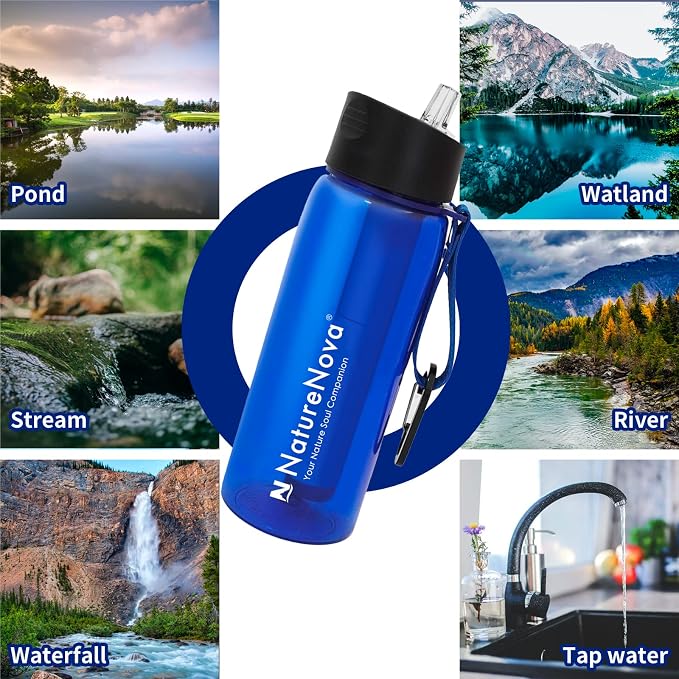 Mini Water Filter NatureNova Portable Emergency Water Filtration(2 Pack,Black) with Naturenova Water Filter Bottle(2 Pack Blue/Black)