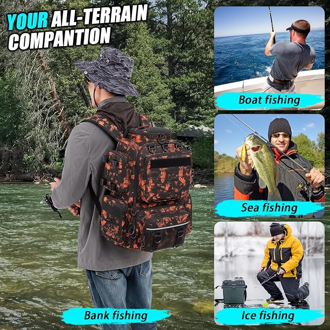 Tactical Fishing Tackle Backpack with Tackle Boxes, Rod Holders & Bottle Holder, 50 L Large Fishing Tackle Box Backpack with Cooler, Fishing Bag with Trays Store Gear & Equipment, Mars CM