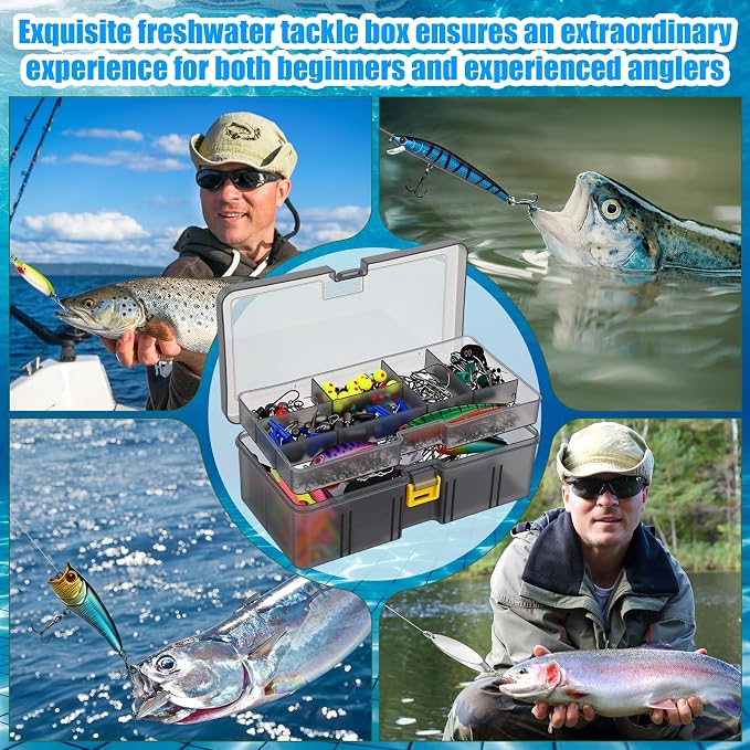 Fishing Lures Kit with Tackle Box, Pliers, Fish Gripper, Saltwater Freshwater Gear Set for Bass Trout, Hooks Weights Bobbers Rigs Leaders