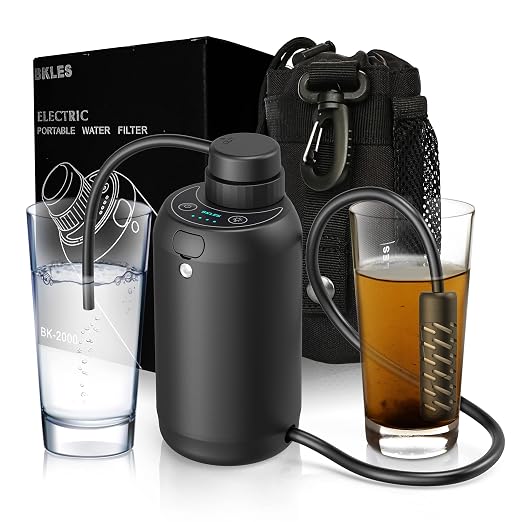 Electric Water Filter Camping – Portable Survival Water Purifier 0.01 Micron, 6-Stage Filtration System with Emergency Light for Hiking, Backpacking, Travel & Emergency Preparedness – Black