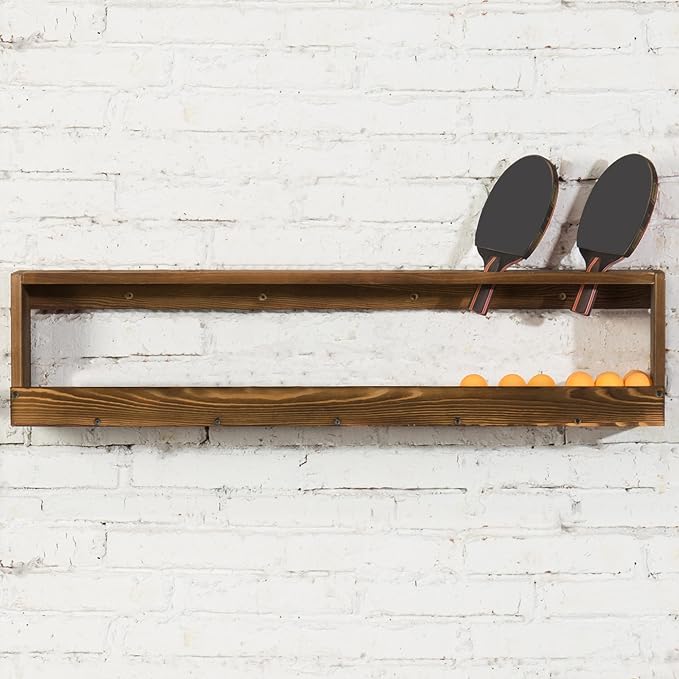 MyGift Wall Mounted Ping Pong Paddle Holder, Burnt Wood Table Tennis Racket Display Rack with Ball Storage Shelf