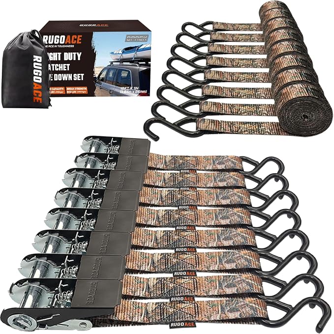 8PK Ratchet Tie Down Straps 1" x 10ft, 300lbs Load Capacity, 900lbs Break Strength, Durable for Moving Appliances, Lawn Equipment, Motorcycles, Cargo Trucks, Trailers & More, Camouflage