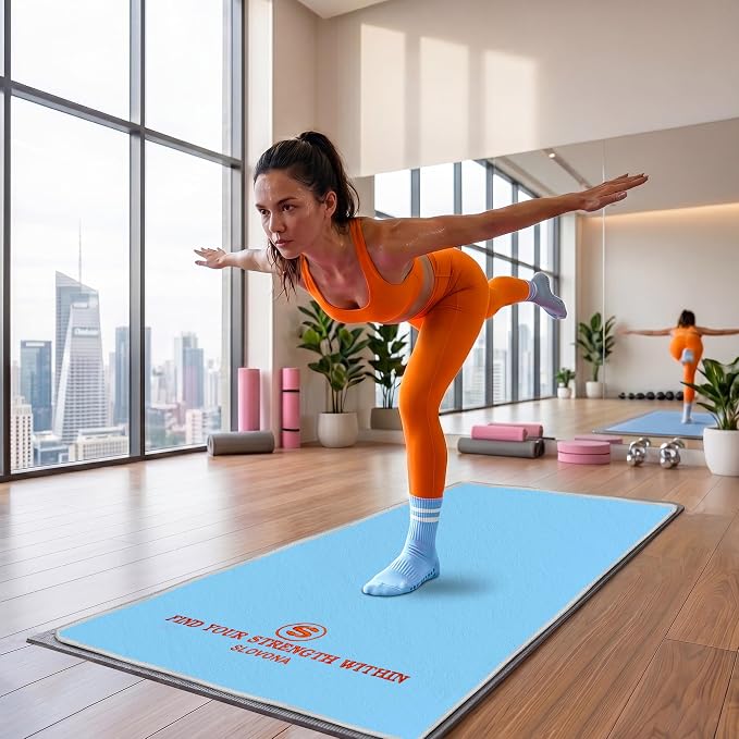 Upgraded Yoga Mat Towel with Bonus Grip Socks, Sky Blue | Elegant Embroidered, 1-Second Sweat Absorption & Non-Slip | Machine Washable Microfiber | Hot Yoga, Pilates | 73''*27.6''