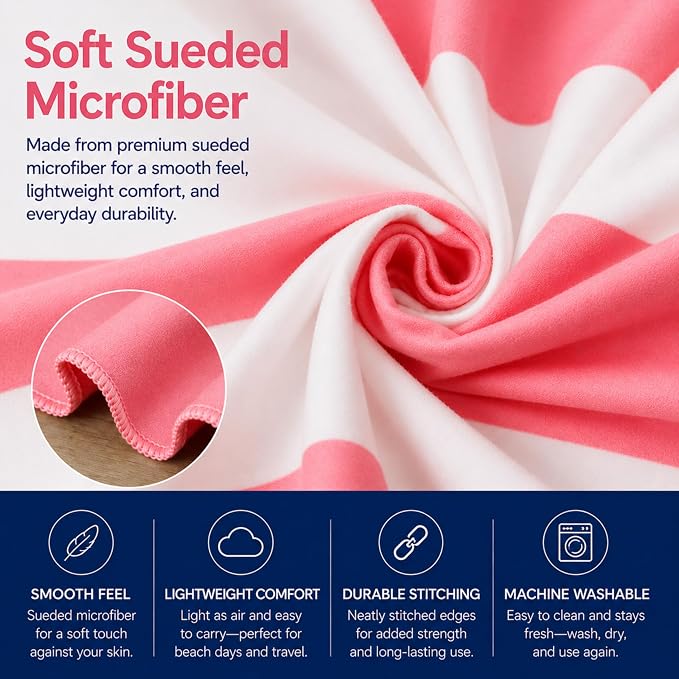 Oversized Microfiber Beach Towel 71x36 Inch, Quick Dry Sand Free Travel Towel, Lightweight Sueded Beach Blanket for Pool, Camping, Yoga & Beach Trips (Pink/White)