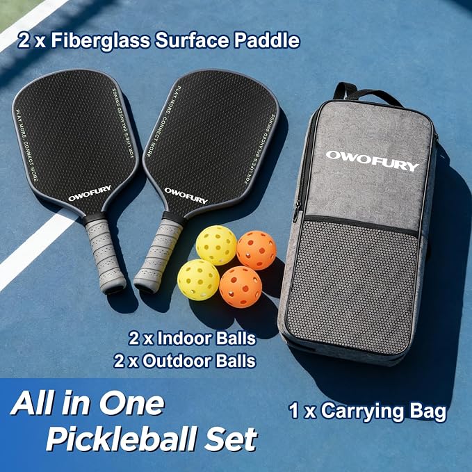 Fiberglass Pickleball Paddles Set of 2, Pickle Ball Racket Lightweight Honeycomb Core Control Paddle, with 4 Indoor Outdoor Balls and Bag for Men Women