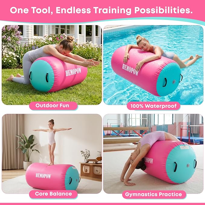 Inflatable Gymnastics Air Barrel Roller with Electric Pump, Heavy Duty PVC Tumbling Barrel Back Handspring Trainer, Air Tumble Track Mat for Home Gym, Cheerleading, Yoga Practice