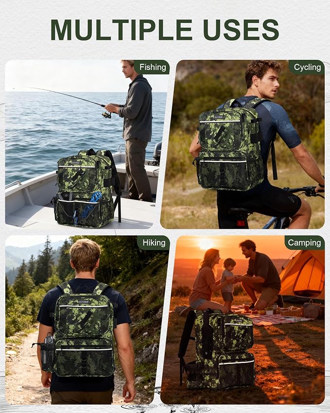 Fishing Backpack with Removable Bait Binder, Large Water Resistant Tackle Bag Storage Gear and Equipment for Fishing, Camping, Hiking, Green