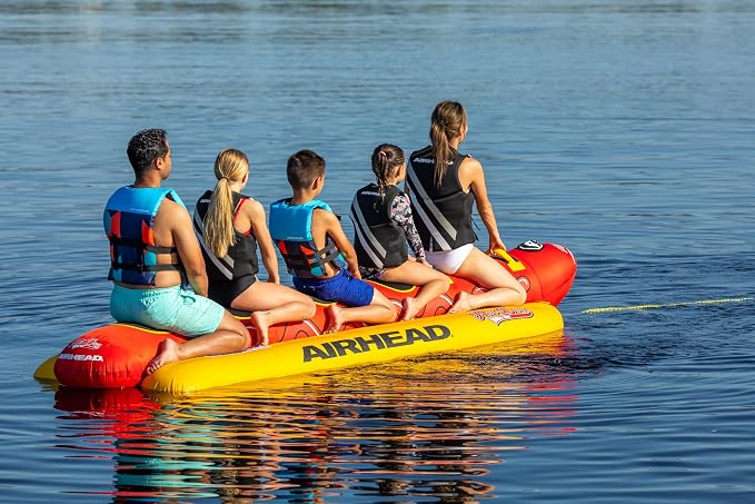 Airhead Hot Dog Towable Tube for Boating, 1-5 Rider Inflatable Boat Tube for Water Tubing, Full Nylon Cover, EVA Padding, Foam Padded Handles w/Neoprene Knuckle Guard, Speed Safety Valve