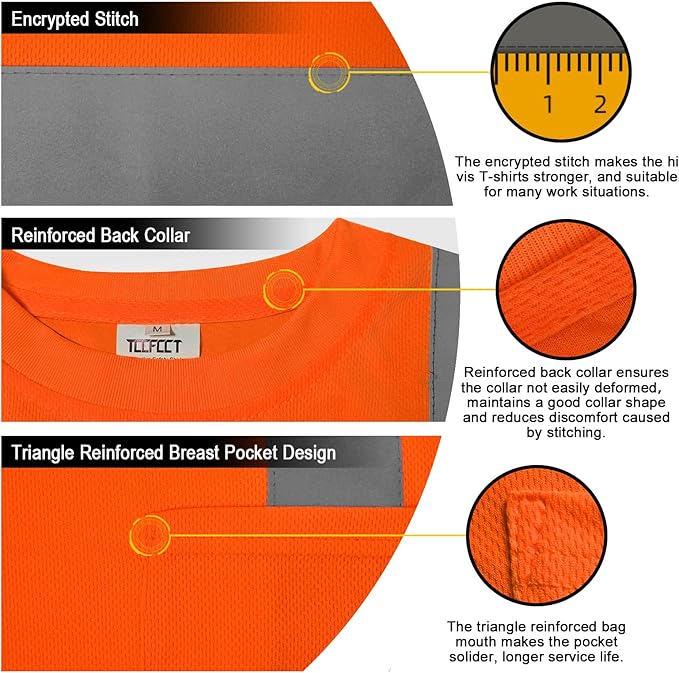 TCCFCCT High Visibility Shirt Class 3 Hi Vis Shirts for Men, Short Sleeve Work Shirts for Men, Safety Shirts for Men Construction, Durable & Breathable, DC-Orange L 3PCS