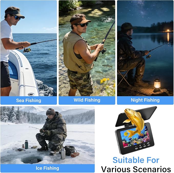 Underwater Fishing Camera, 5.0 Inch Fish Finder Depth Finder, Portable Fishfinder with 800 * 480 HD Display, 100FT/Waterproof IP68, for Kayak/Boat/Ice Fishing, Includes Transducer & Mounting Kit
