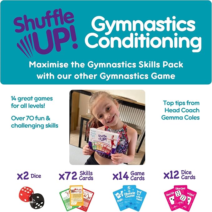 Shuffle Up Gymnastics Games Skills Pack 22 Skills Cards Gymnastics Equipment for Kids at Home Gymnastic Gifts for Girls, Fitness and Tumbling Accessories, Cheerleader, Outdoor Family Games Ages 8-12