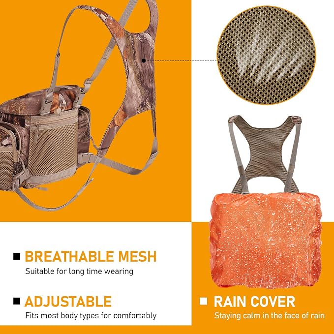 NEW VIEW Silent Hunting Binocular Harness Chest Pack with Rangefinder Pouch & Rain Cover, Stealth Bino Harness for Hunting, Fits Most Binoculars up to 10×56