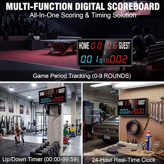 15 Inch LED Digital Scoreboard with 33FT Remote - Timer & 24H Clock, IPX6 Waterproof, 6 Brightness, Dual Power: USB-C Plug-in & Power Bank, Wall Mount for Cornhole Basketball Pickleball