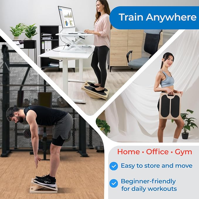 3-in-1 Slant Board for Calf Stretching, 180°/360° Adjustable Balance Board & Wobble Board with Training Poster, Squat Wedge, 5 Angle Wooden Incline Board, Physical Therapy, Home Gym Fitness