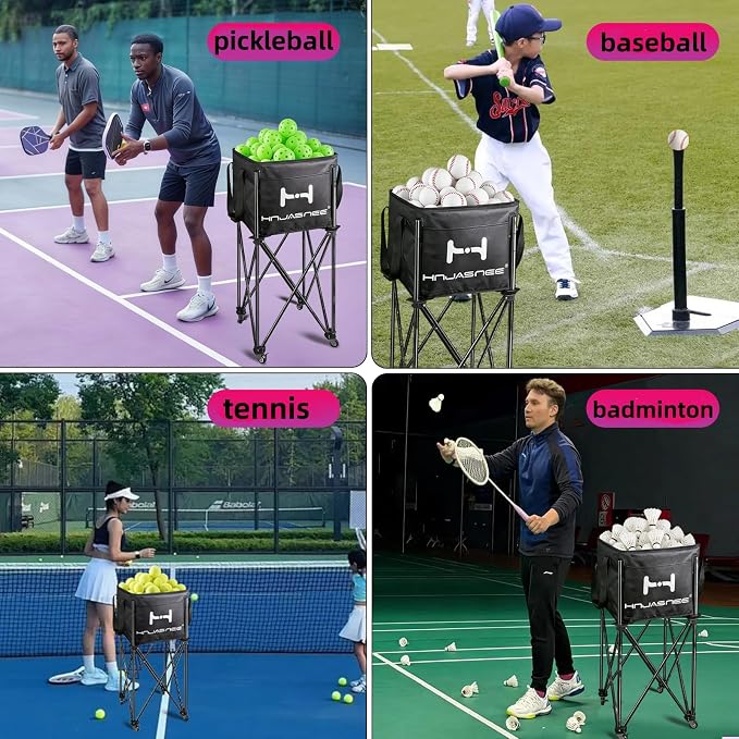 Foldable Adjustable Tennis Ball Hopper, Large Capacity Basket Holds 200 Balls, Upgraded Pickleball Caddy with Multifunction Pockets and Wheels for Training and Teaching