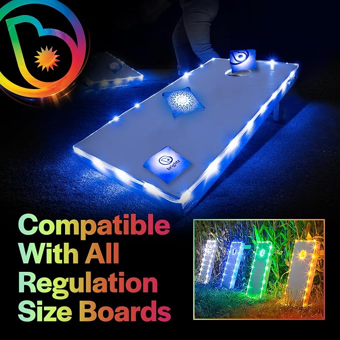 Brightz Cornhole Board Edge Lights with LED Bags - Includes 4-Pack of LED Cornhole Bags + TossBrightz Cornhole Board Edge Lights - The Ultimate Night Time Cornhole Master Set