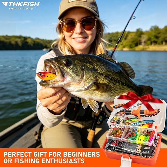 THKFISH 400PCS Fishing Lures Accessories Kit with Large 3-Layer Tackle Box Complete Freshwater Bass Fishing Gear Tools Set with Pliers, Fish Scale, Crankbait, Hooks, Weights Gift for Men (Orange)