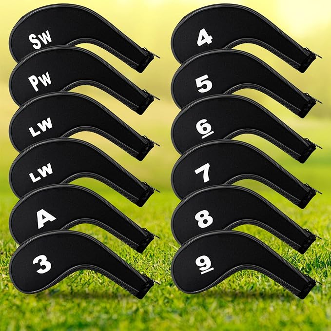 Golf Club 12pcs Thick Synthetic Zipper Long Neck Set Headcover Fit The Most Brands, Side Number Golf Iron Club Head Cover LW SW PW Covers #3,4,5,6,7,8,9